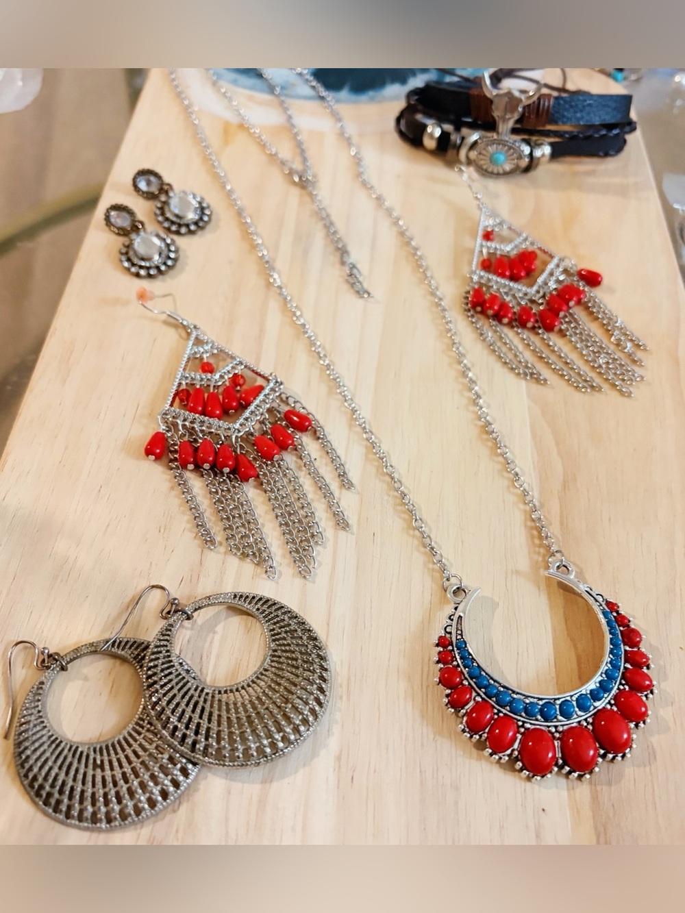 Western Red and Silver Beaded Fringe Earrings Set - Women Jewelry